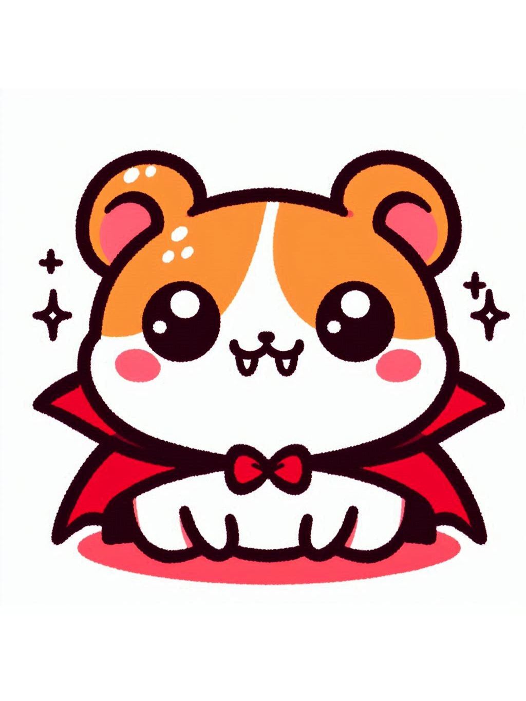 halloween cute animals drawings: A adorable vampire hamster with a charming red cape and fangs, set against a simple background sprinkled with stars.